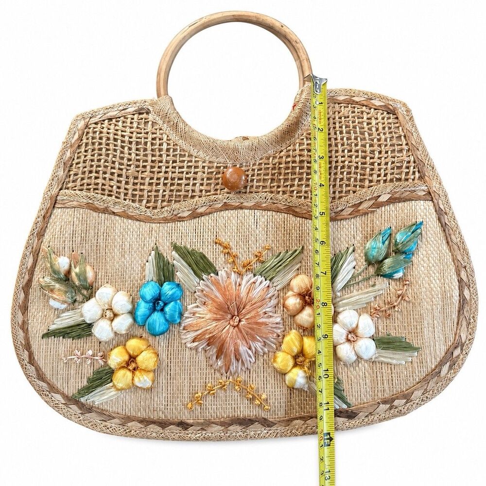 Floral Embroidered Woven Straw Handbag Wooden Handles Boho Cottagecore - Picture 6 of 6